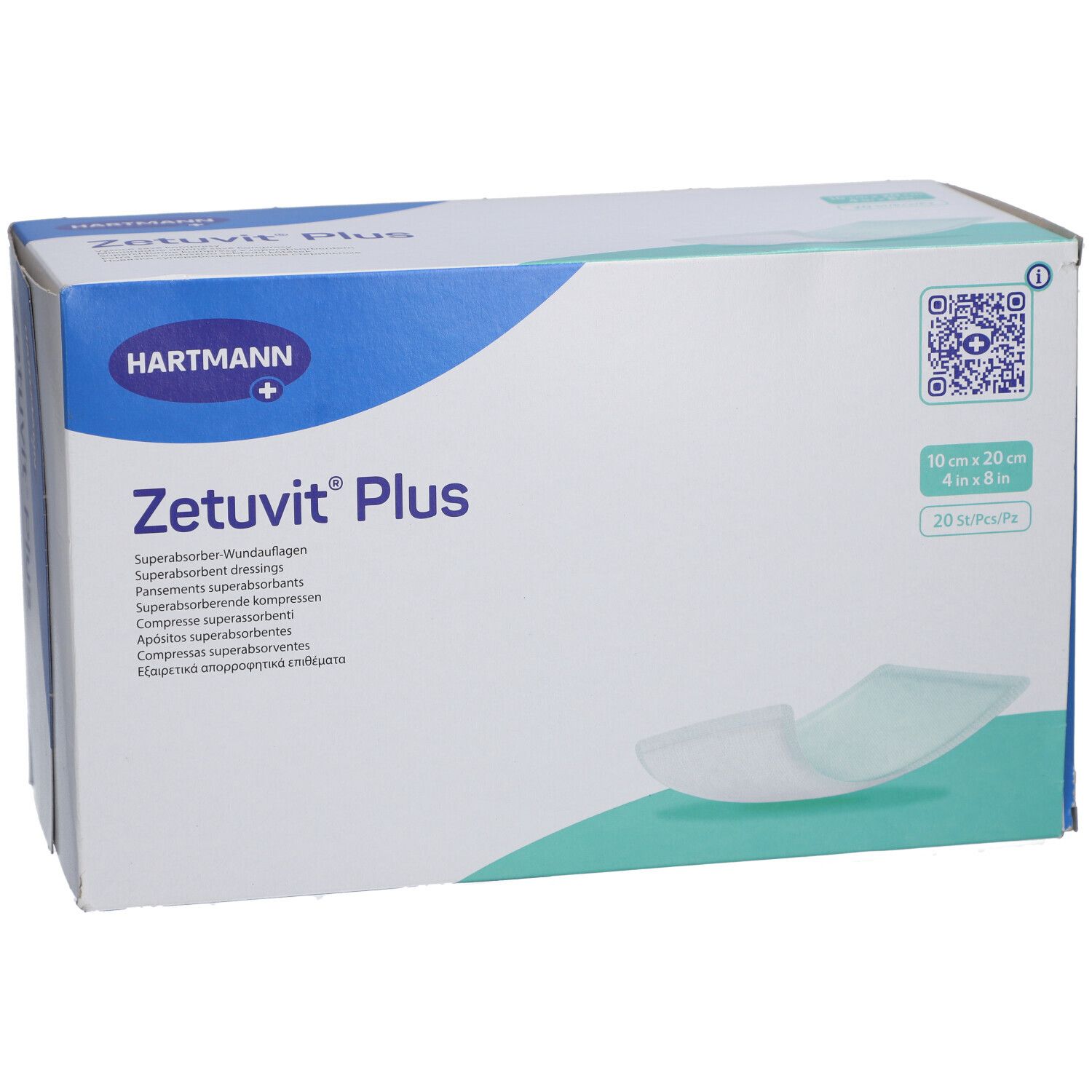 Confezione Zetuvit Plus. Nome, logo e dimensioni 10x20 cm. Scatola bianca con info. Compressa visibile.