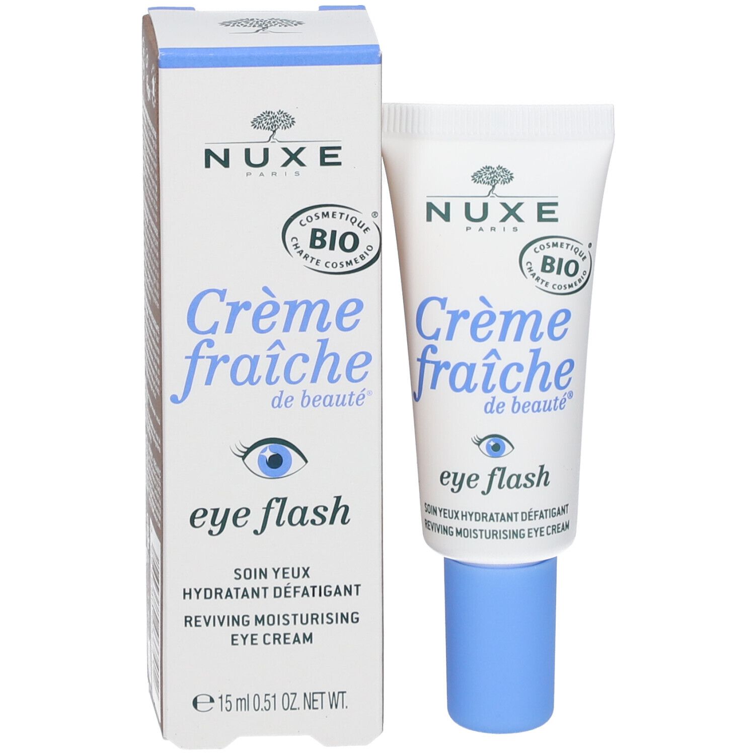 Confezione del prodotto: tubo e scatola. Scritta: NUXE Paris, Crème fraîche de beauté, eye flash. Certificazione bio.