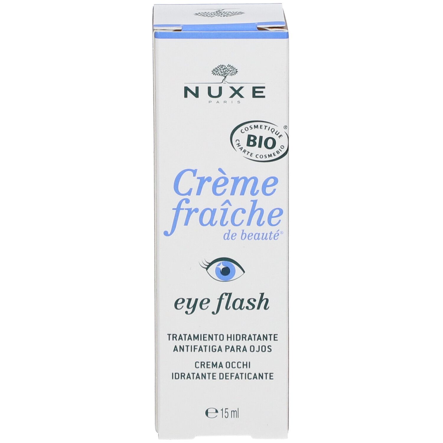 Fronte della scatola. Scritta: NUXE Paris, Crème fraîche de beauté, eye flash. Certificazione bio. Volume: 15 ml.