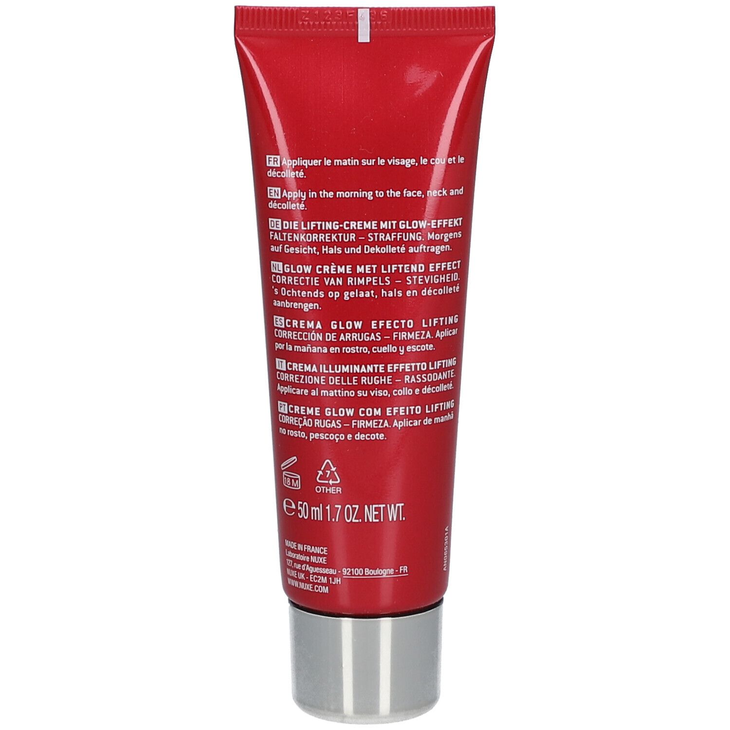 Retro del tubo rosso NUXE Merveillance Lift glow. Testo multilingue. 50ml, 1.7 OZ NET WT.