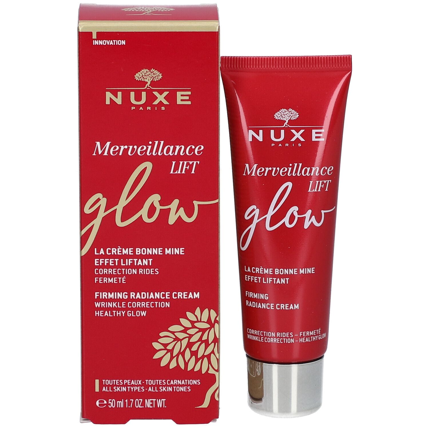 Scatola e tubo rossi NUXE Merveillance Lift glow. Testo: Firming Radiance Cream. 50ml. Tutti i tipi di pelle.