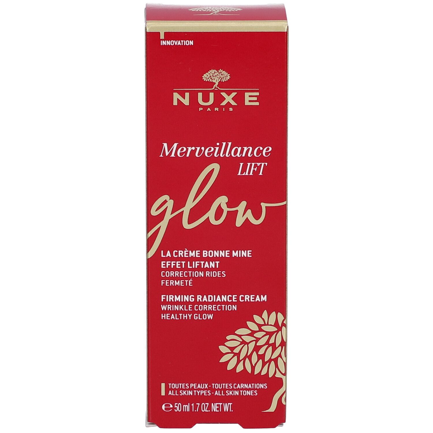 Scatola rossa NUXE Merveillance Lift glow. Testo: Firming Radiance Cream. 50ml. Tutti i tipi di pelle.