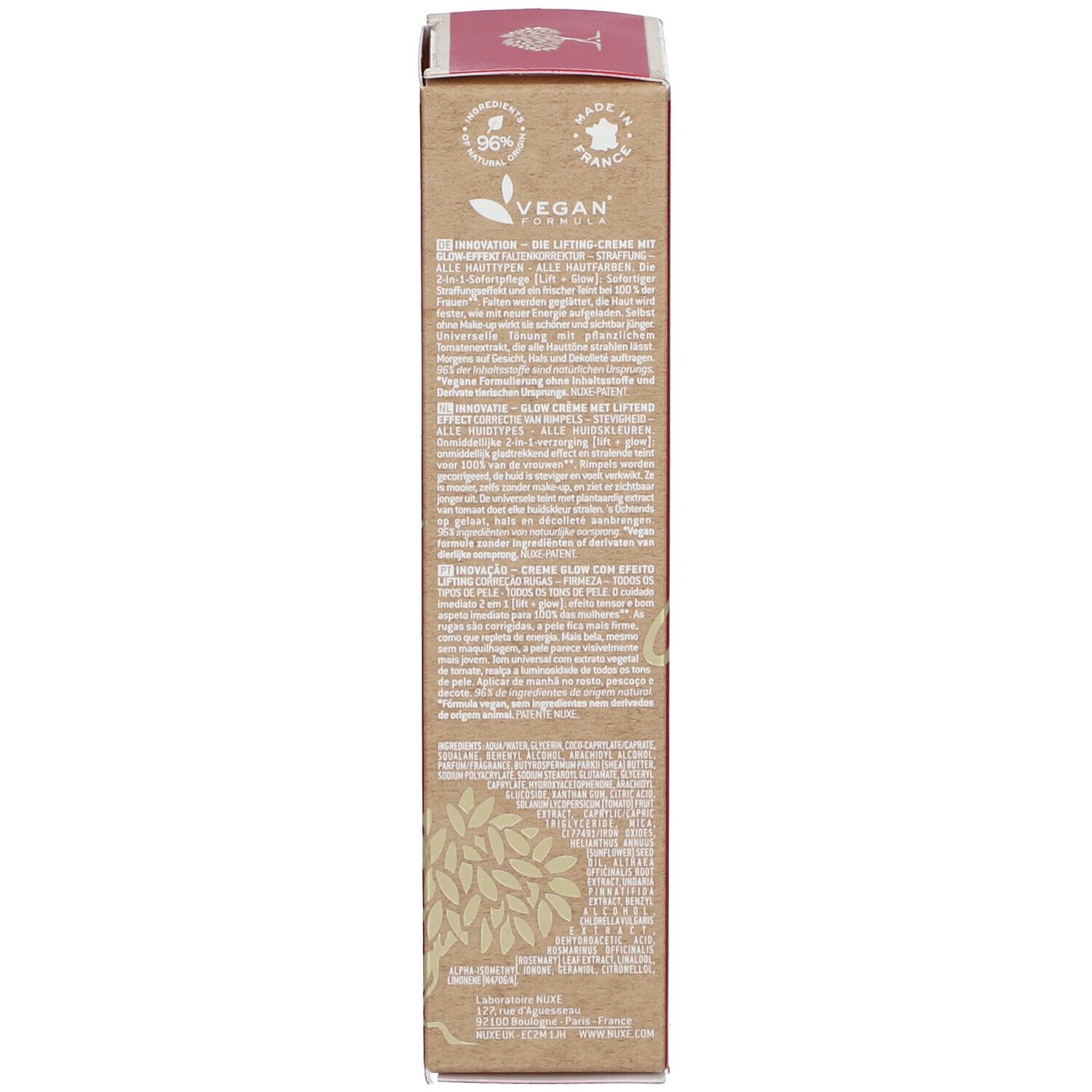 Retro della scatola NUXE Merveillance Lift glow. Testo multilingue. Logo vegano. 50ml.