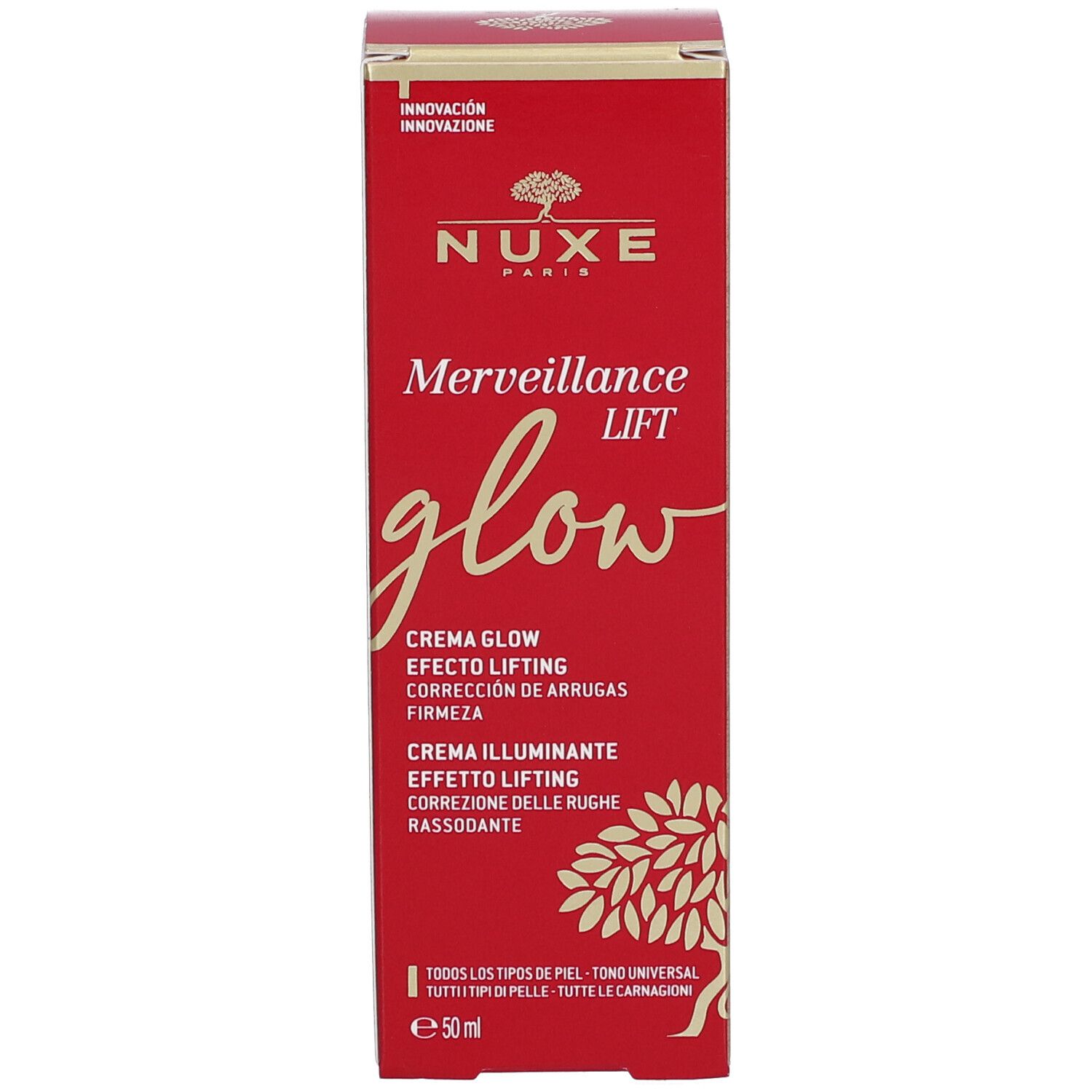 Scatola rossa NUXE Merveillance Lift glow. Testo multilingue. 50ml. Tutti i tipi di pelle.