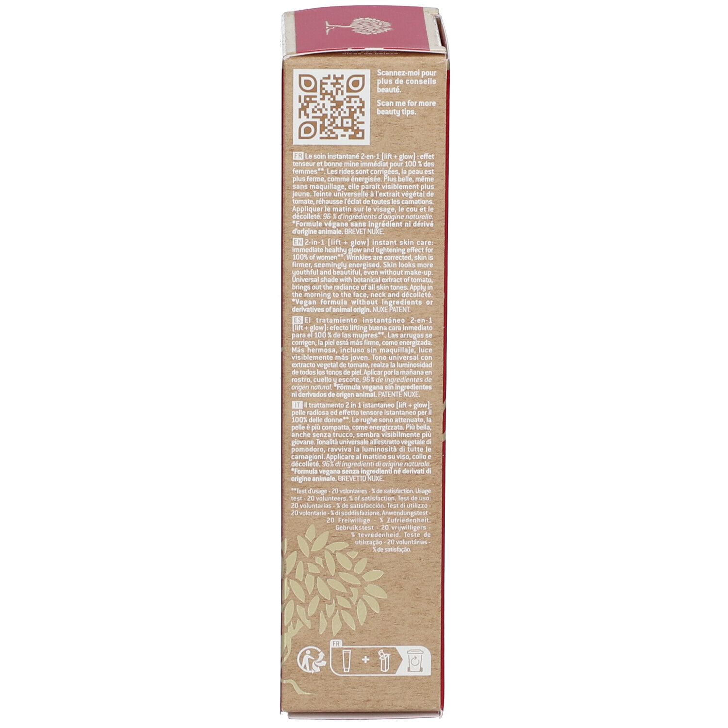 Retro della scatola NUXE Merveillance Lift glow. Codice QR. Testo multilingue. 50ml.