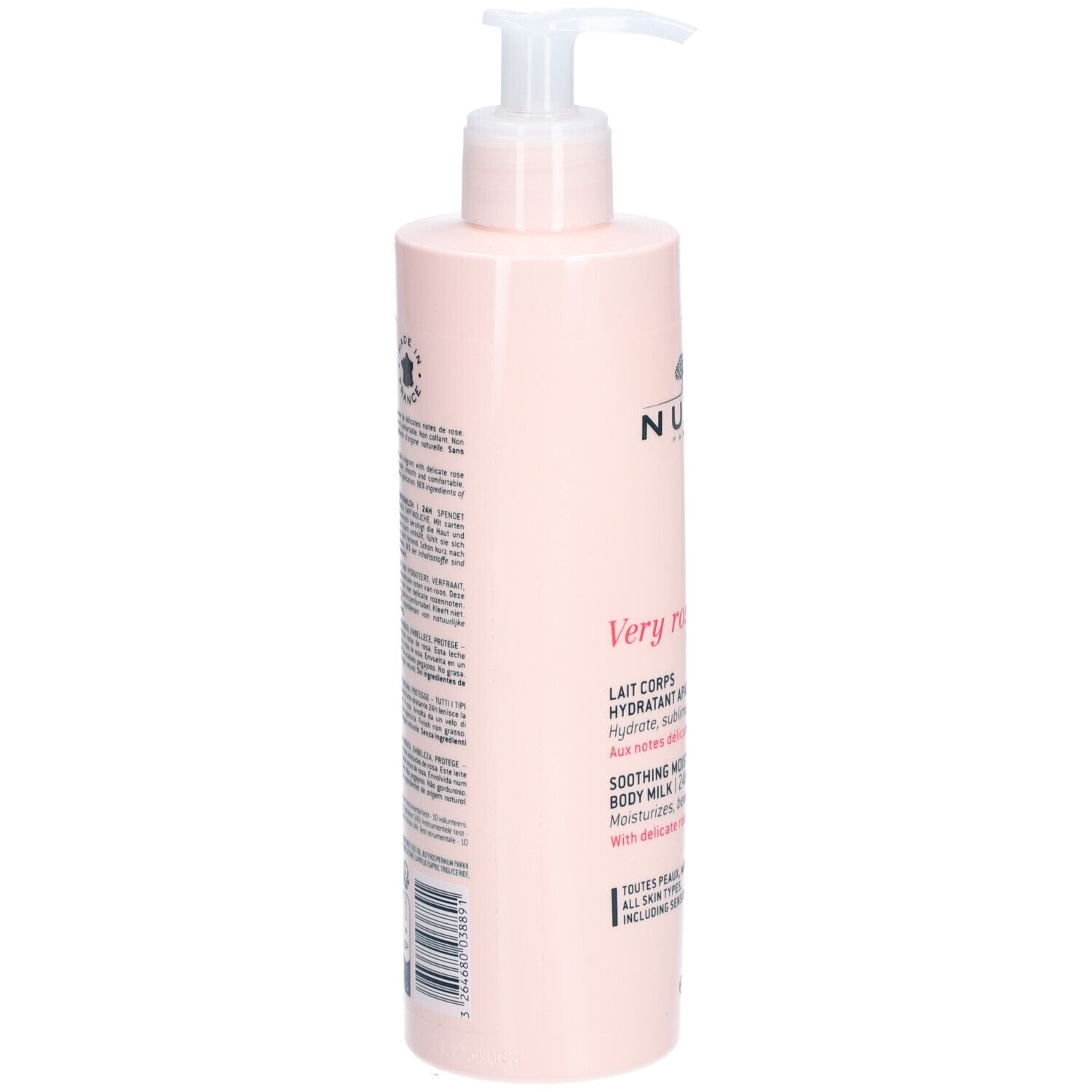 Retro flacone rosa con testo. NUXE Very Rose Latte Corpo. Codice a barre. Per pelli sensibili. 96% ingredienti naturali.