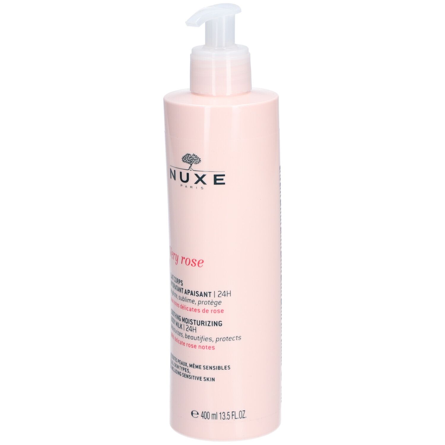 Flacone rosa con dosatore. NUXE Very Rose Latte Corpo. Testo: Lait Corps, idratante lenitivo, 24h. Per pelli sensibili.