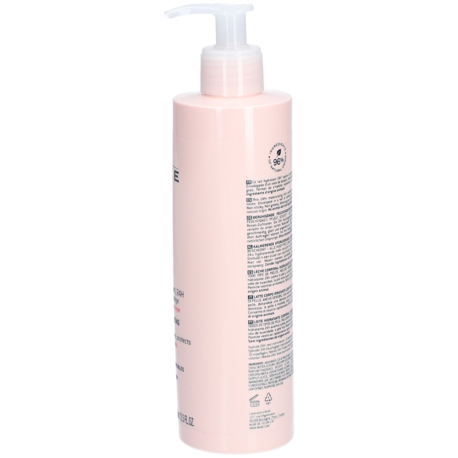 Retro flacone rosa con testo. NUXE Very Rose Latte Corpo. 96% ingredienti naturali.