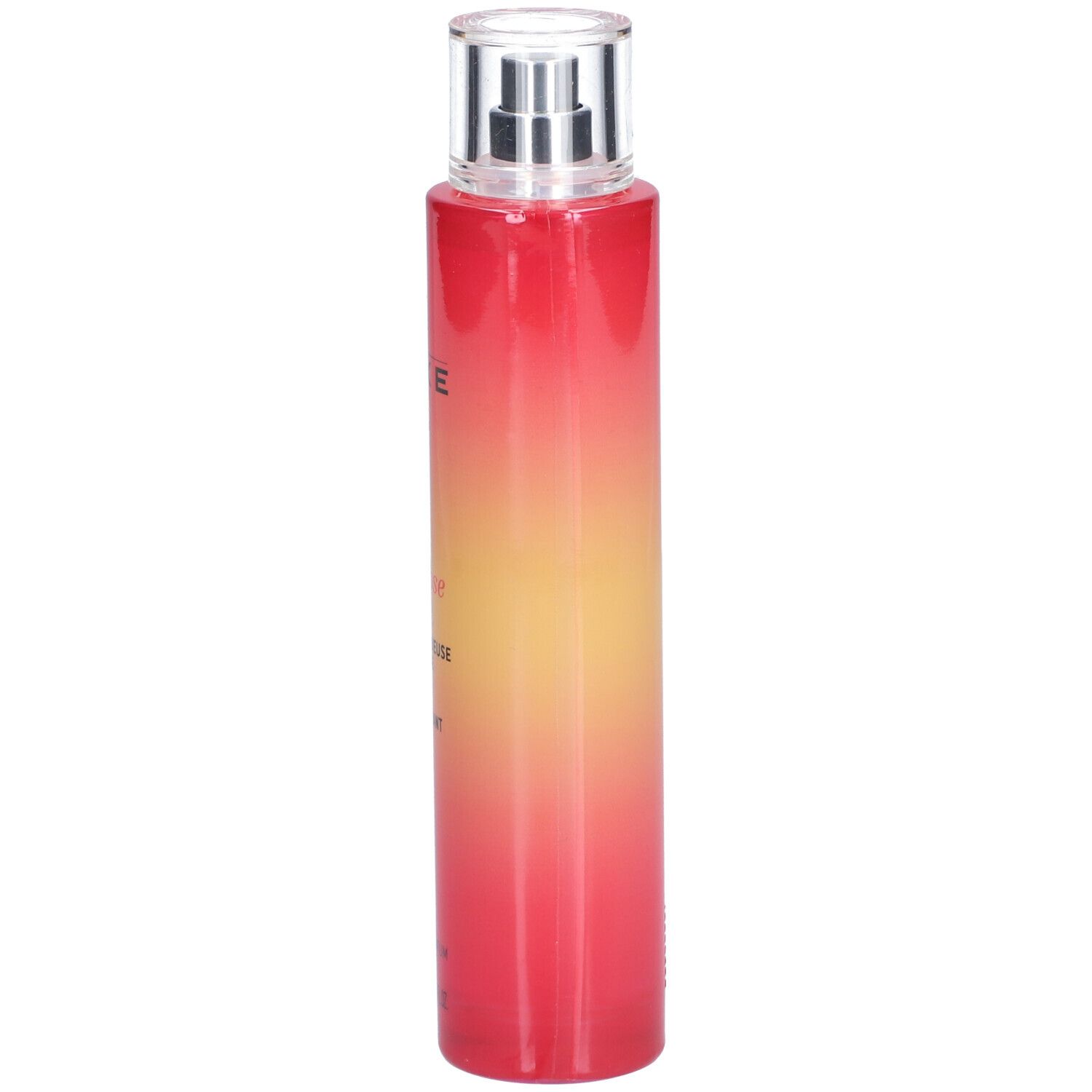 Flacone cilindrico con vaporizzatore. Sfumatura da rosso a giallo. Scritta: NUXE Paris, Very rose.