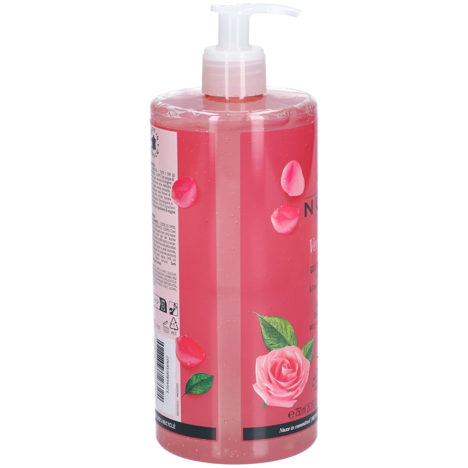 Gel doccia NUXE Very Rose. Flacone rosa con dosatore. Nome del prodotto e rosa. Testo e informazioni sul retro.