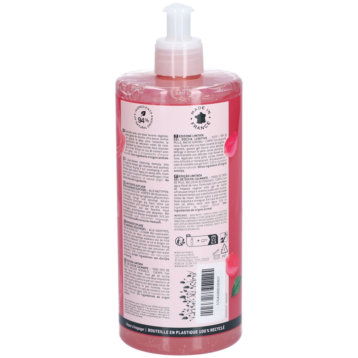 Retro del gel doccia NUXE Very Rose. Flacone rosa con dosatore. Testo e informazioni. Prodotto in Francia.
