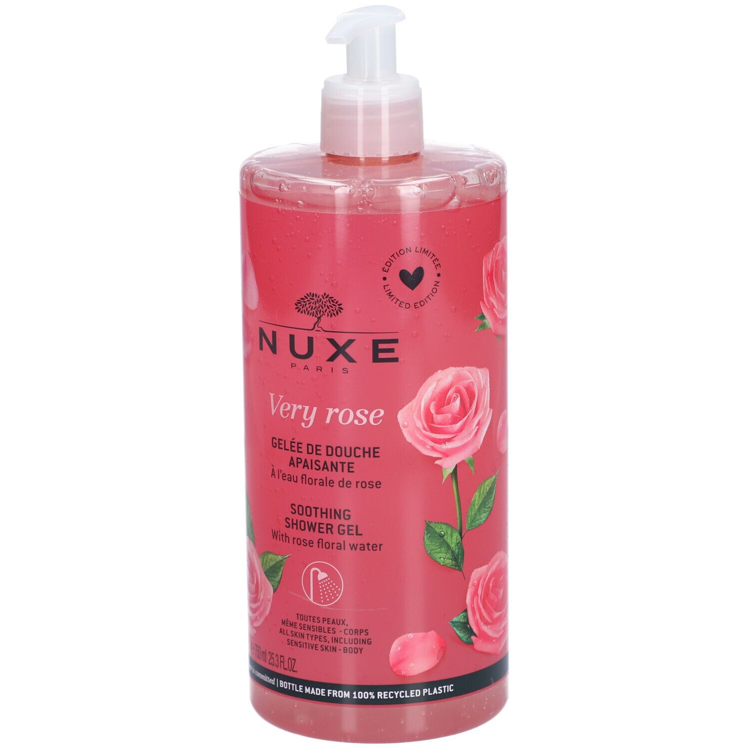 Gel doccia NUXE Very Rose. Flacone rosa con dosatore. Nome del prodotto e rose. Testo: 'GELÉE DE DOUCHE APAISANTE'.