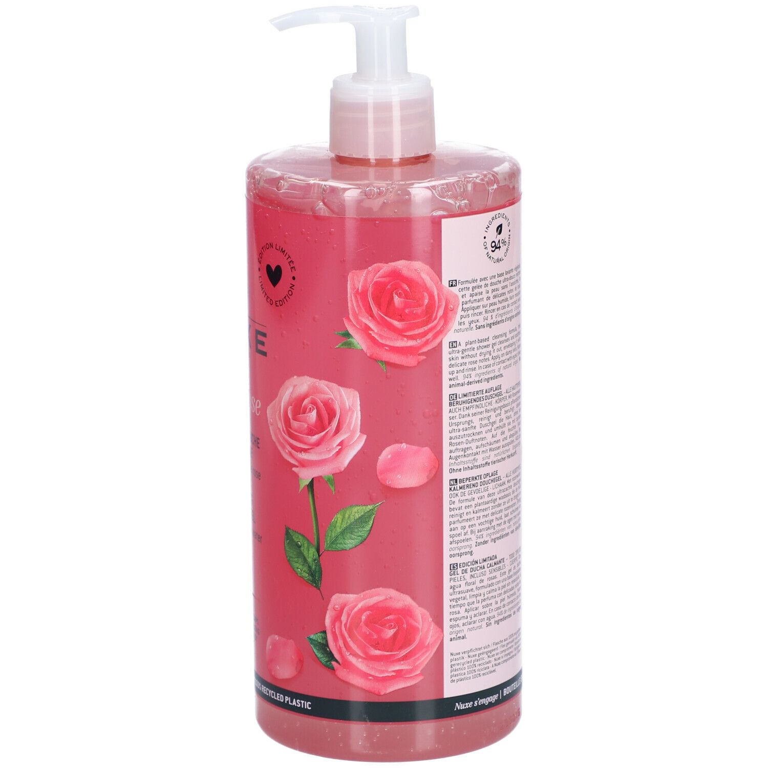 Retro del gel doccia NUXE Very Rose. Flacone rosa con dosatore. Testo e informazioni. 94% ingredienti di origine naturale.