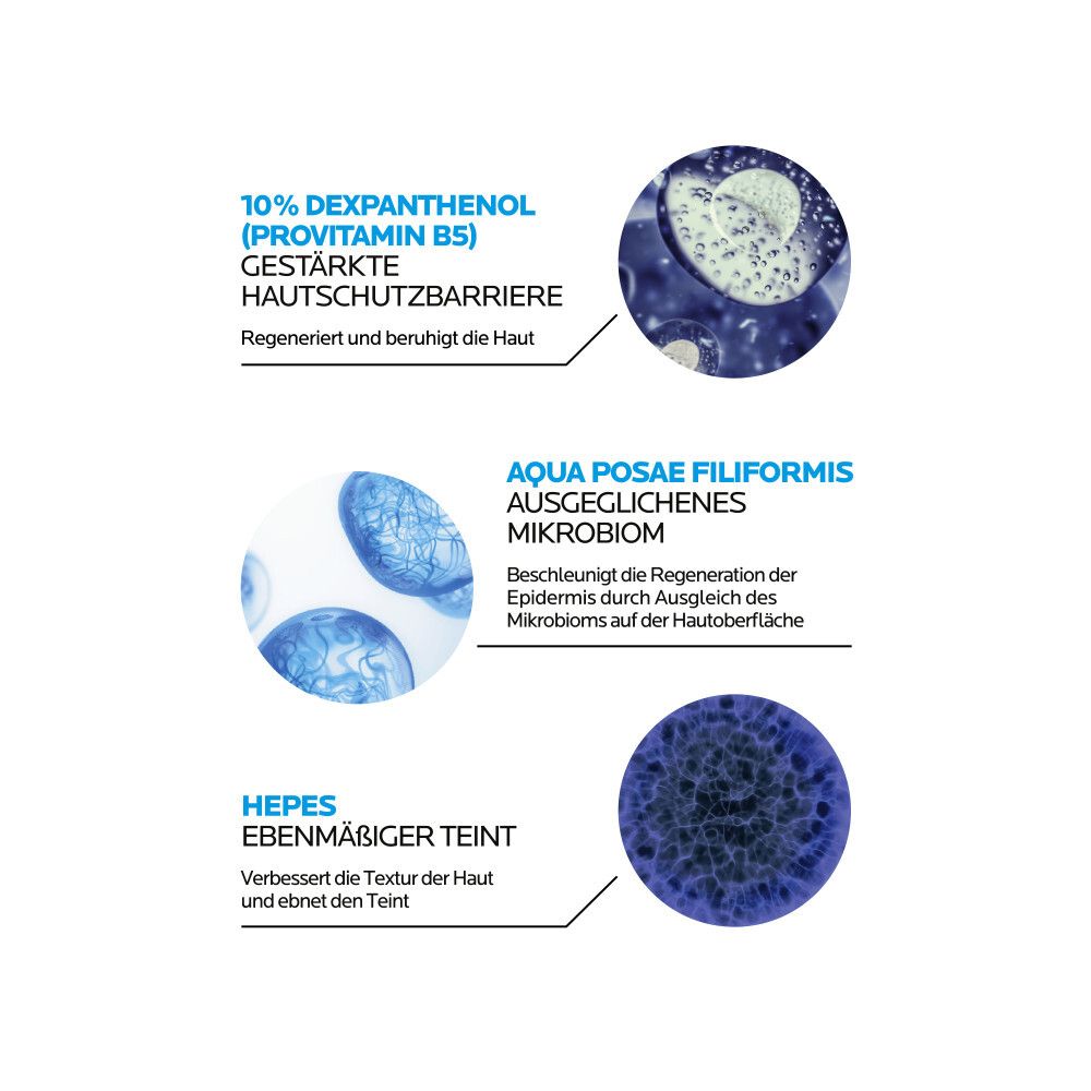 Grafico con ingredienti. 10% Dexpanthenol, Aqua Posae Filiformis, Hepes. Testo e schemi.