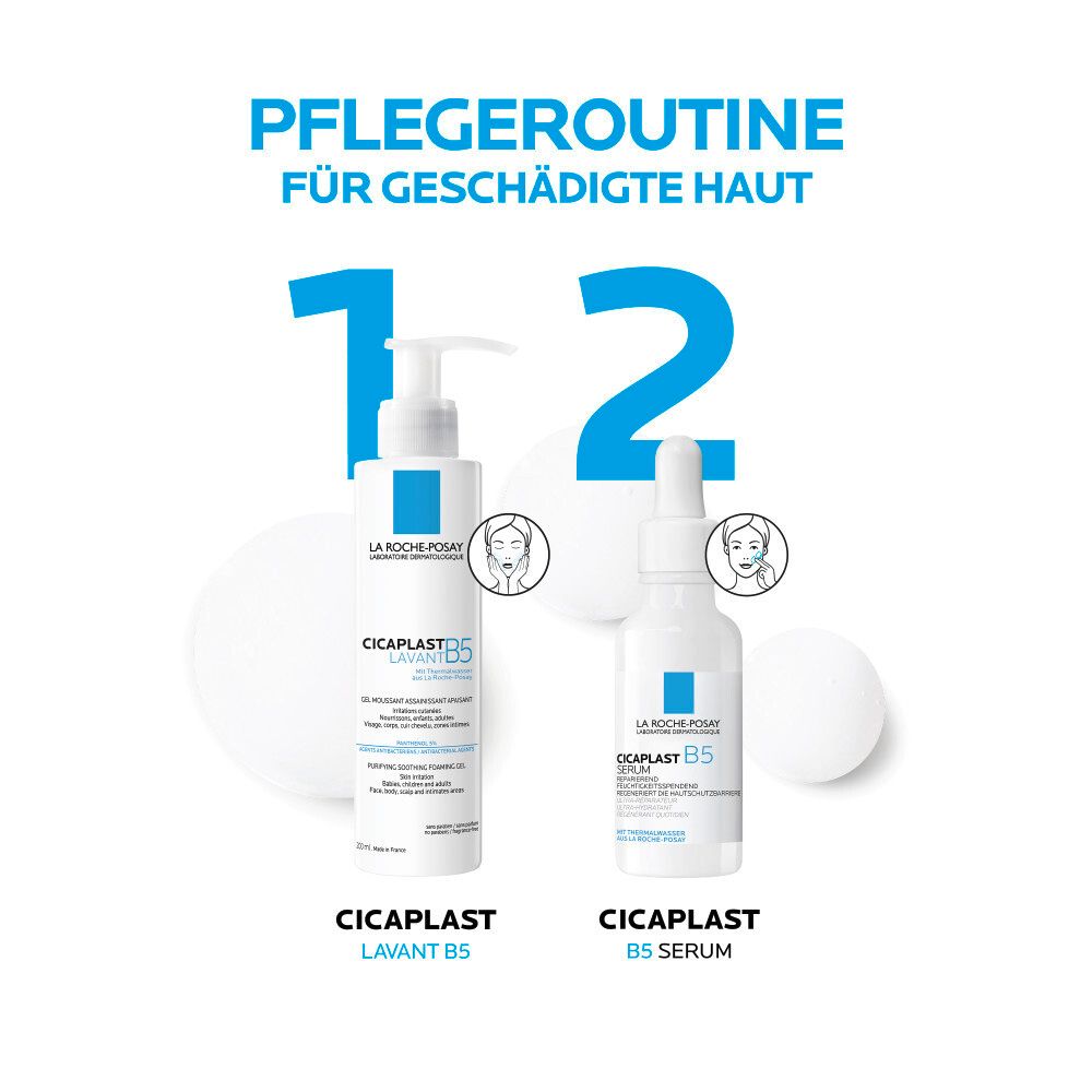 Due prodotti: La Roche-Posay Cicaplast Lavant B5 e B5 Serum. Cura per pelli danneggiate.