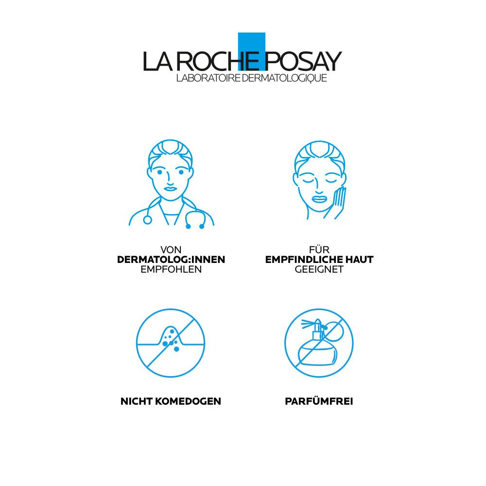 Grafico con simboli. Raccomandato dai dermatologi. Adatto alle pelli sensibili. Non comedogenico, senza profumo.