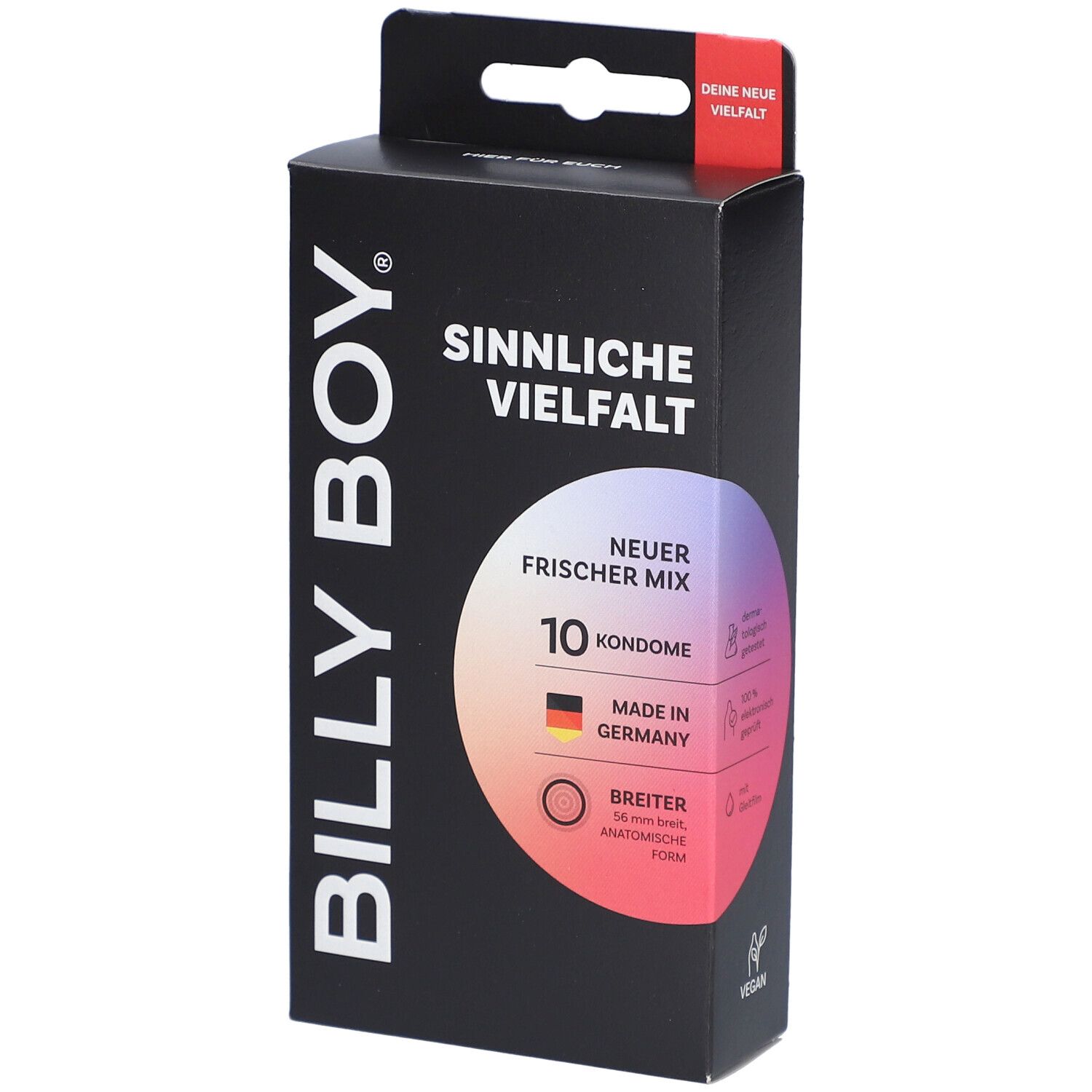 Confezione di preservativi Billy Boy, 10 pezzi, "Nuovo Mix Fresco", Made in Germany, forma anatomica larga.