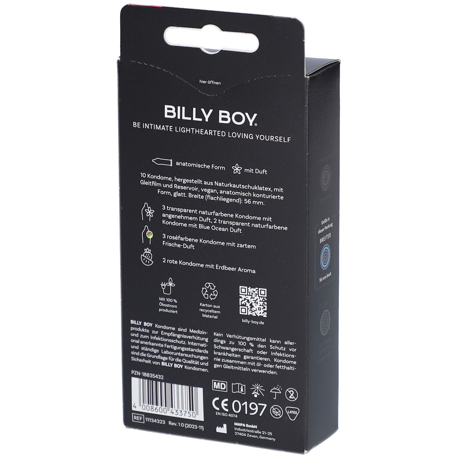 Confezione da 10 preservativi Billy Boy: anatomici, lisci, larghi 56mm, profumati. 3 trasparenti, 3 rosa, 2 rossi.