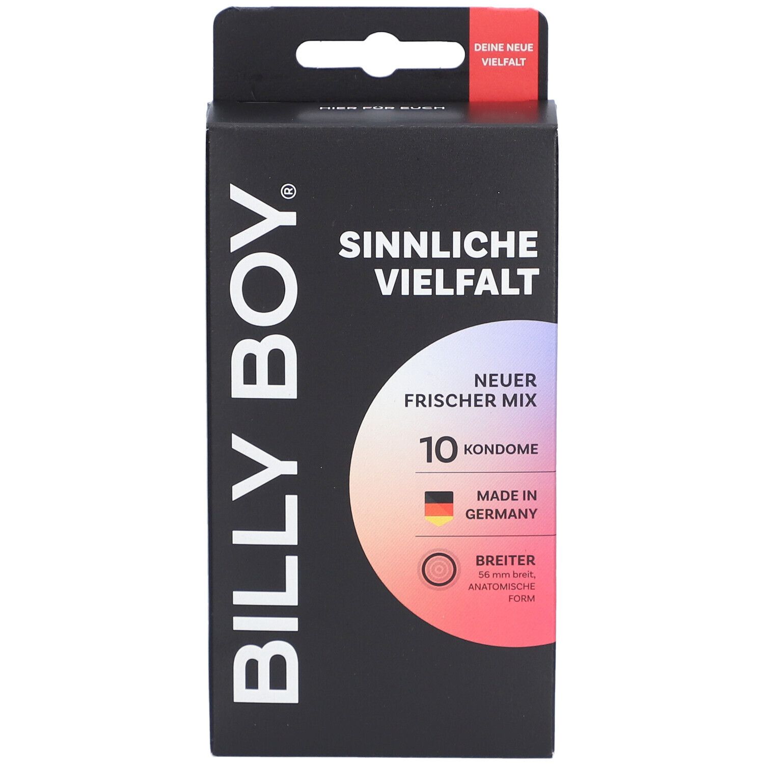 Confezione da 10 preservativi Billy Boy, "Sinnliche Vielfalt", "Neuer Frischer Mix", Made in Germany, forma anatomica.
