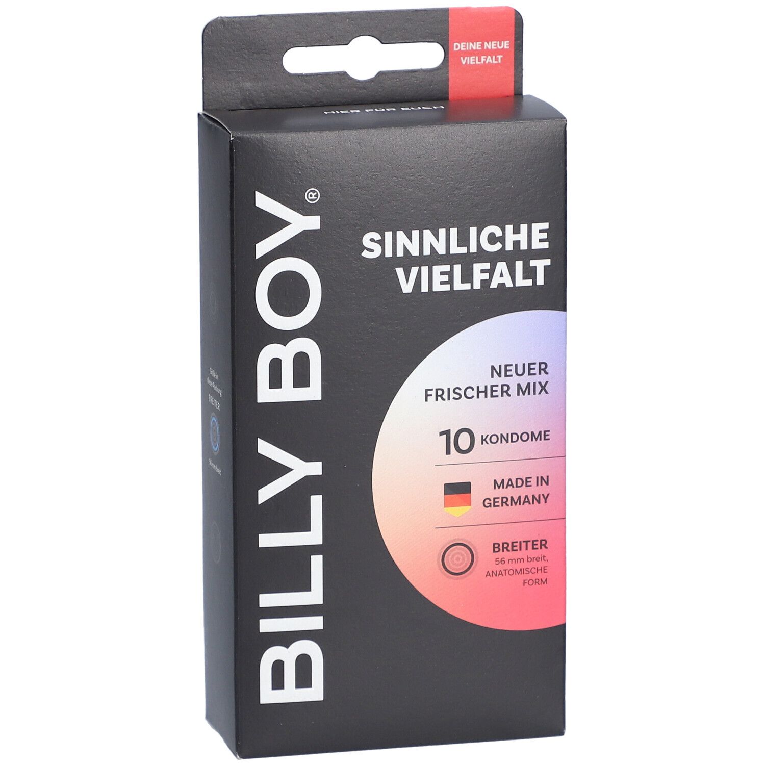 Confezione da 10 preservativi, "Billy Boy Sinnliche Vielfalt", "Nuovo Mix Freschezza", "Larghezza 56 mm", forma anatomica, Made in Germany.