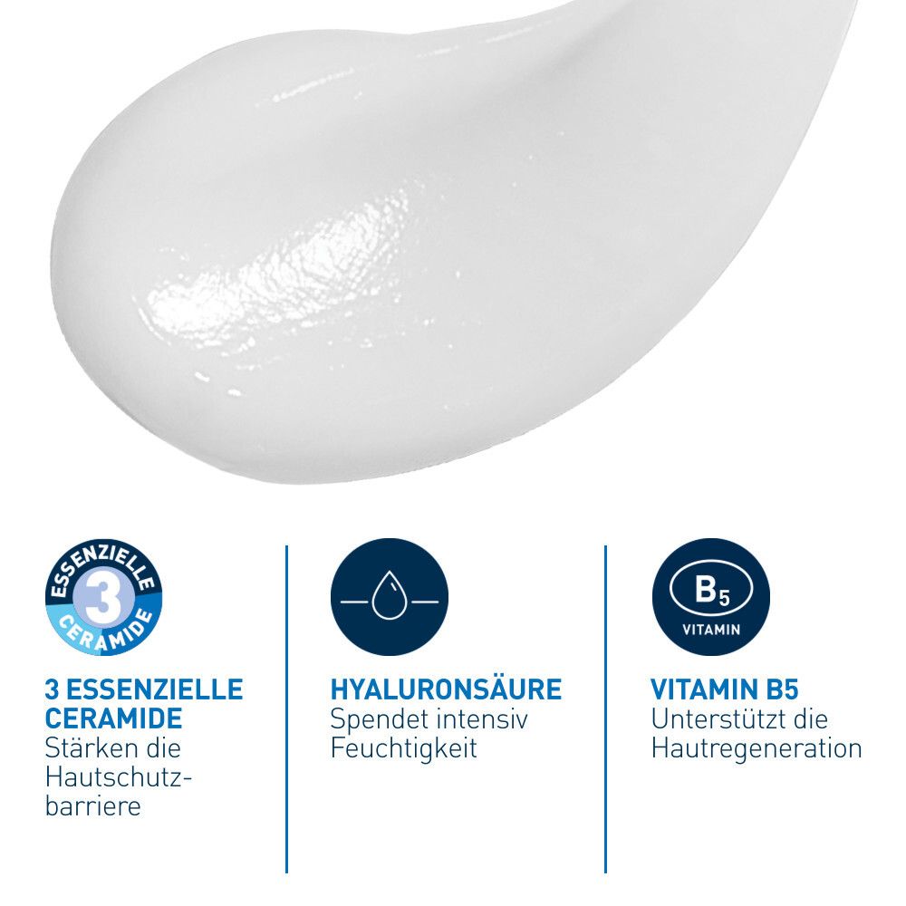 Primo piano della texture del siero bianco. 3 ceramidi essenziali, acido ialuronico e vitamina B5 indicati.