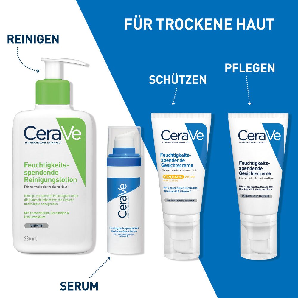 Diversi prodotti CeraVe: lozione detergente, siero, crema viso. Per pelli secche.