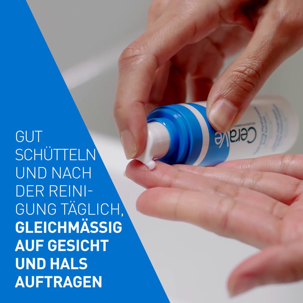 Mani applicano il siero. Istruzioni: Agitare bene, applicare su viso e collo.