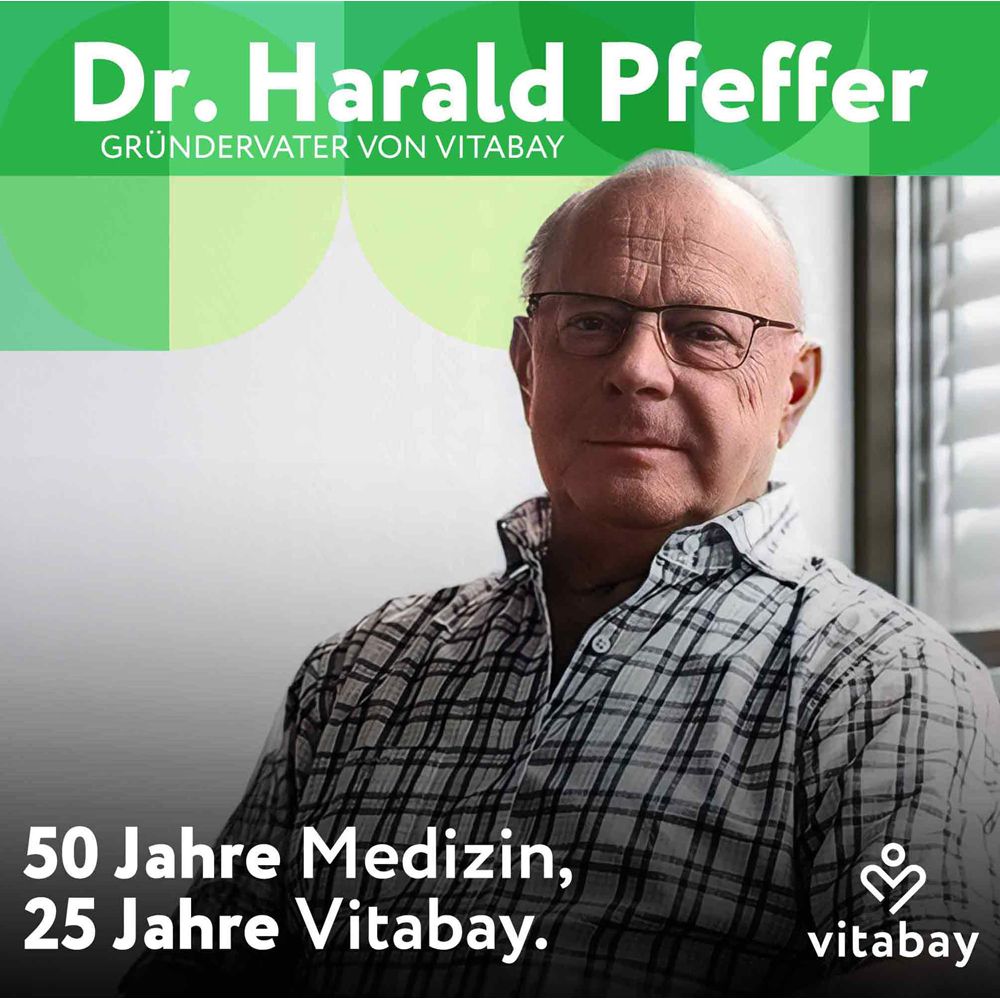 Ritratto del Dr. Harald Pfeffer. Testo: 50 anni di medicina, 25 anni di Vitabay.