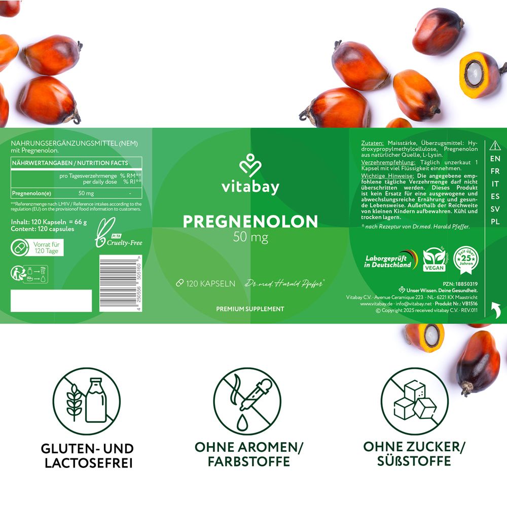 Retro della confezione con informazioni. Testo: Pregnenolone 50 mg, 120 capsule. Senza glutine e lattosio.