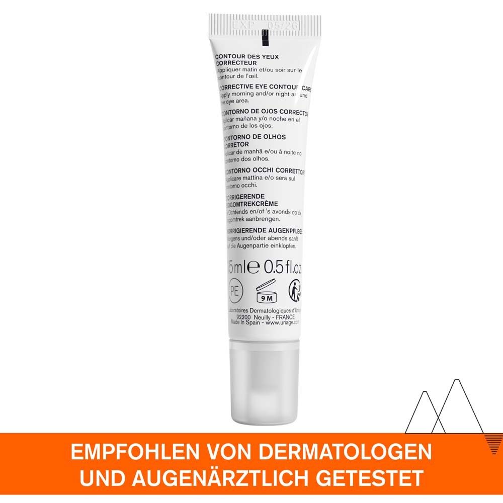 Retro del tubo. Testo multilingue. Nome del prodotto: Contur des yeux correcteur. Volume: 15ml. Testato dermatologicamente.
