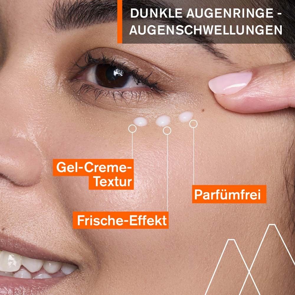Primo piano di un occhio. Testo: Texture gel-crema, effetto freschezza, senza profumo. Nome del prodotto non visibile.
