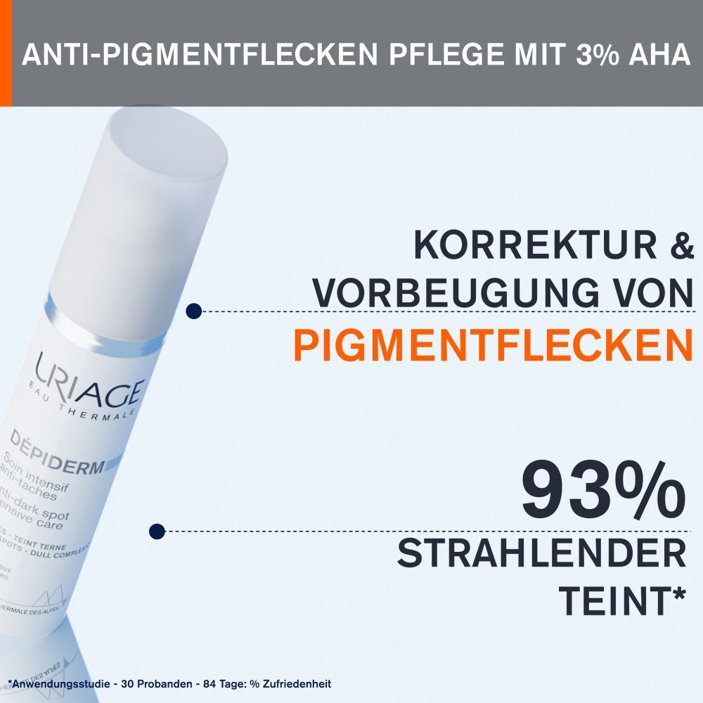URIAGE DÉPIDERM trattamento anti-macchie. Testo: Correzione & prevenzione macchie. 93% incarnato radioso.