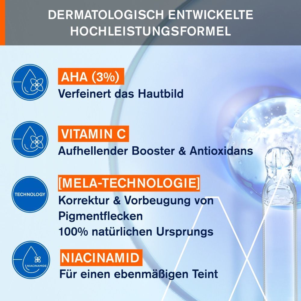 Formula ad alte prestazioni sviluppata dermatologicamente. AHA, Vitamina C, Mela-Tecnologia, Niacinamide. Incarnato uniforme.