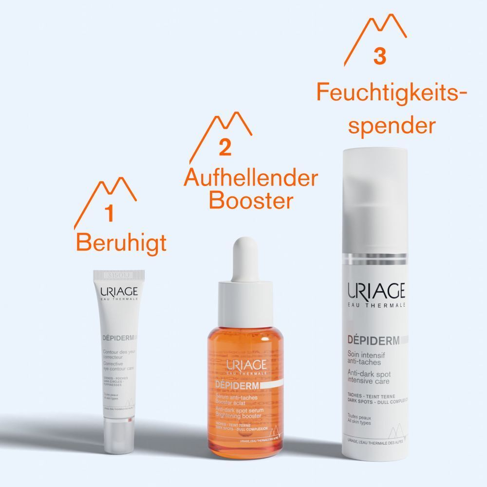 Tre prodotti: Lenitivo, Booster illuminante, Idratante. Prodotti URIAGE DÉPIDERM.