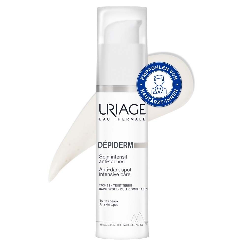 URIAGE DÉPIDERM trattamento intensivo anti-macchie. Flacone bianco. Raccomandato dai dermatologi. Applicazione crema.