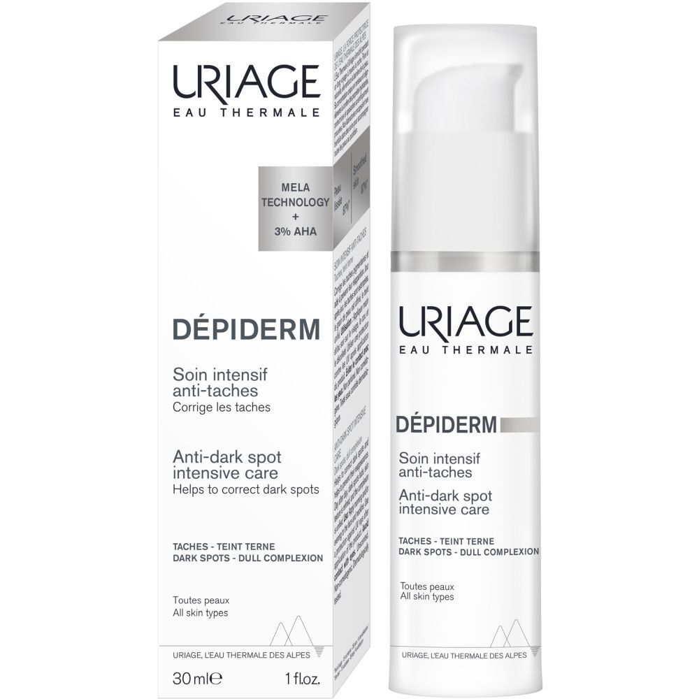 URIAGE DÉPIDERM trattamento intensivo anti-macchie. Prodotto e confezione. 30ml. 1 fl.oz. Con Mela-Tecnologia.
