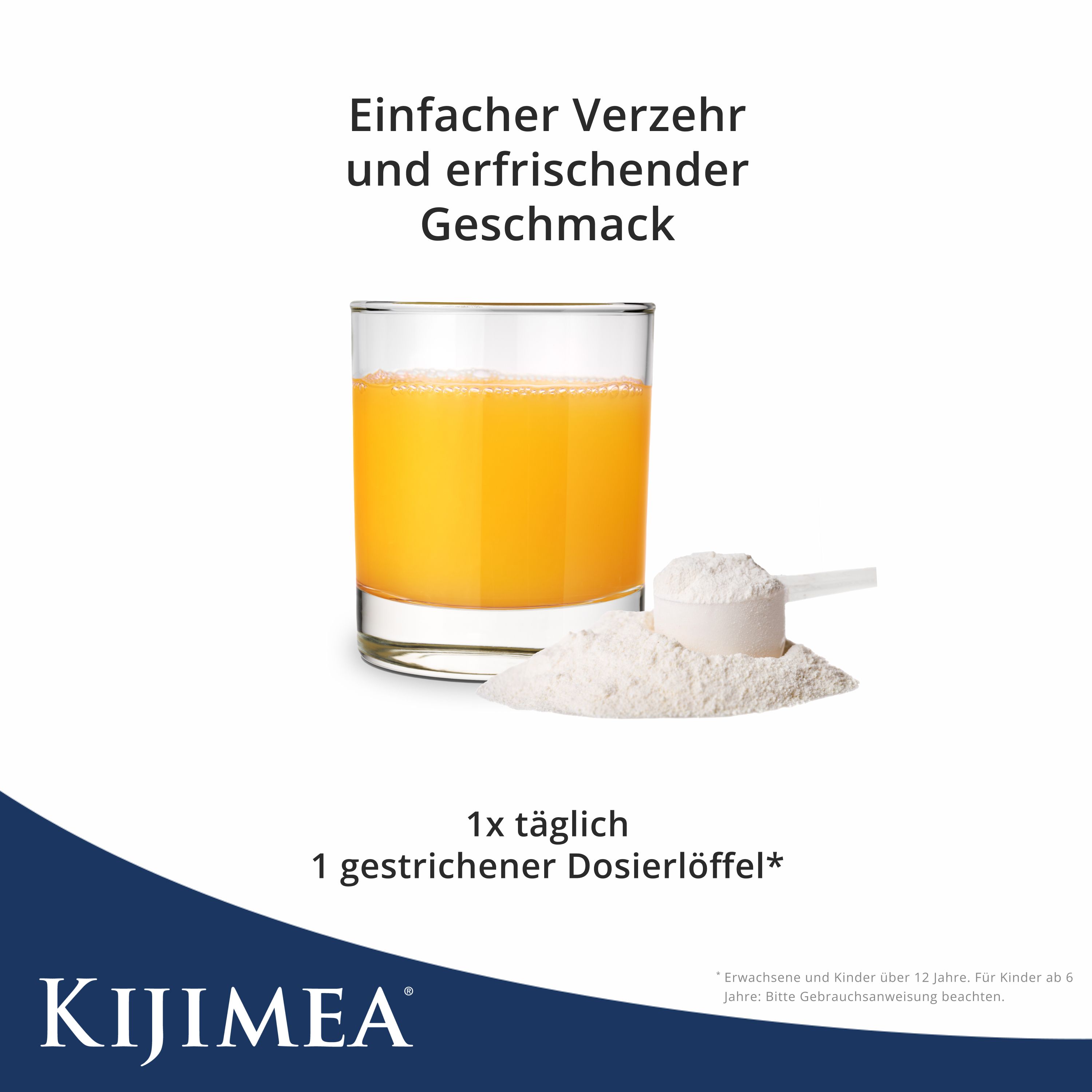 Bicchiere con bevanda arancione, cucchiaio dosatore e polvere. Testo: Consumo facile, gusto rinfrescante, 1 volta al giorno.