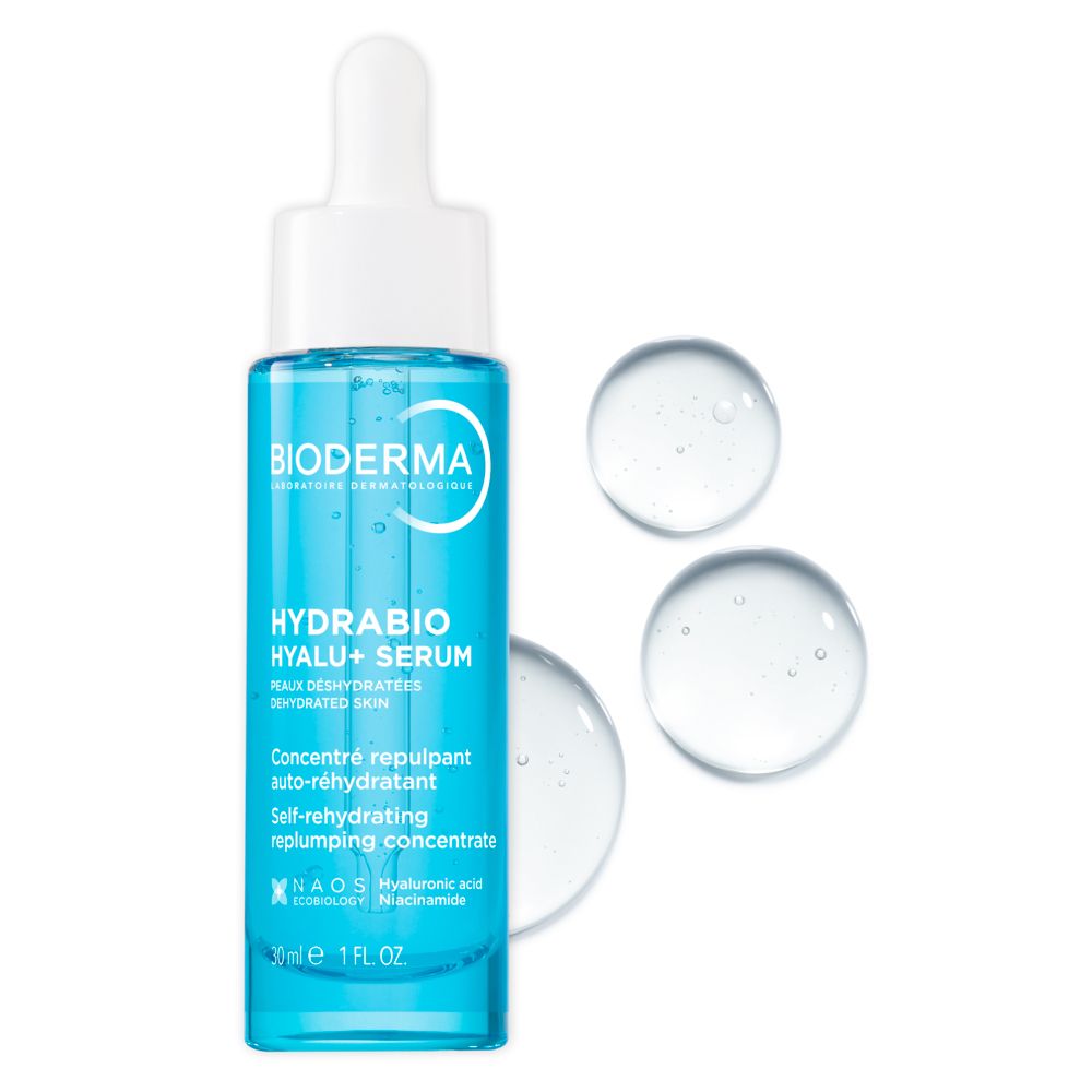 Flacone di siero blu con tappo e pipetta aperti. Scritta: BIODERMA Hydrabio Hyalu+ serum.