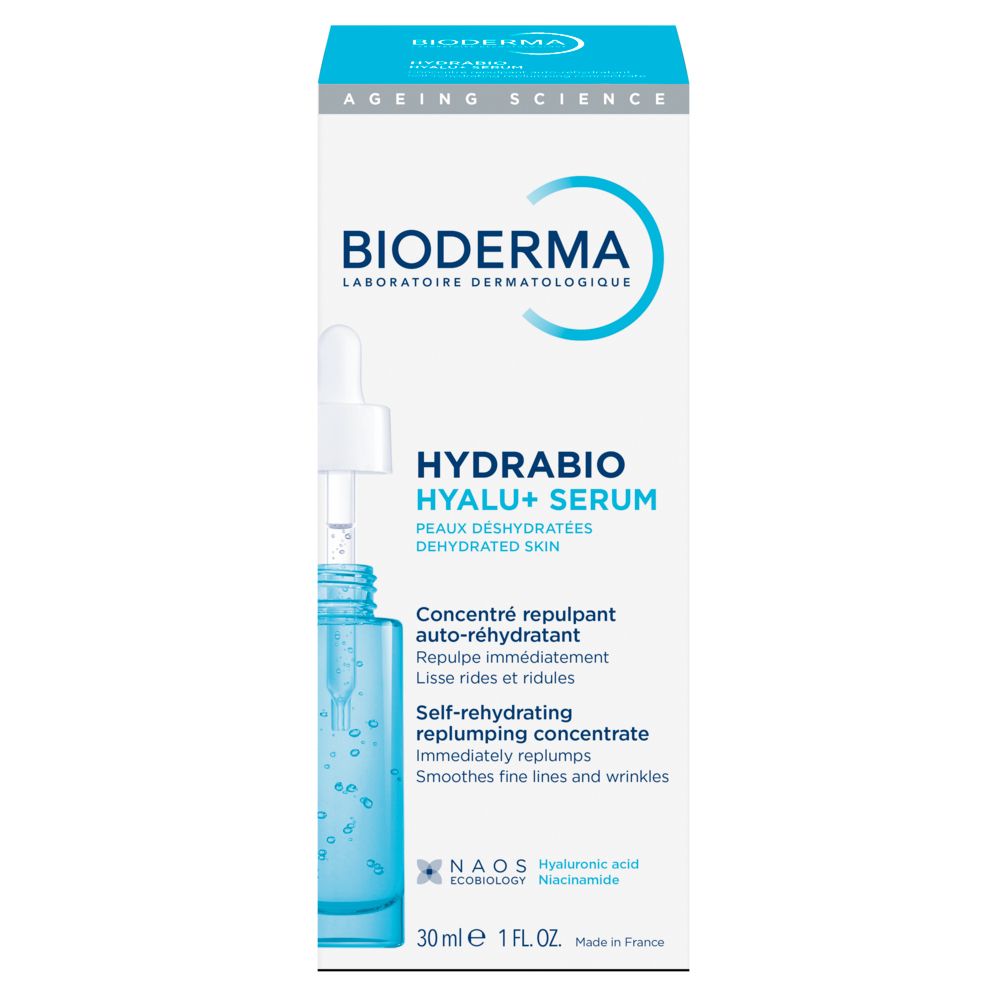 Flacone di siero blu con tappo bianco. Scritta: BIODERMA Hydrabio Hyalu+ serum.