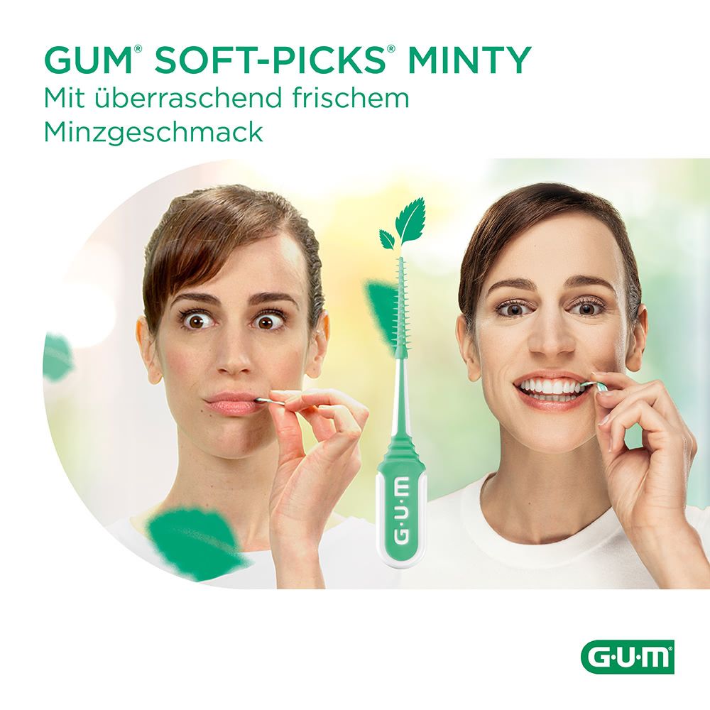 Due donne mostrano l'uso di GUM Soft-Picks Minty. Una donna fa una smorfia, l'altra sorride mentre usa il prodotto.