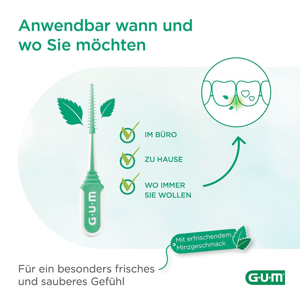 GUM Soft-Picks Minty. Illustrazioni che mostrano l'uso: in ufficio, a casa, dove vuoi. Con un rinfrescante gusto di menta.