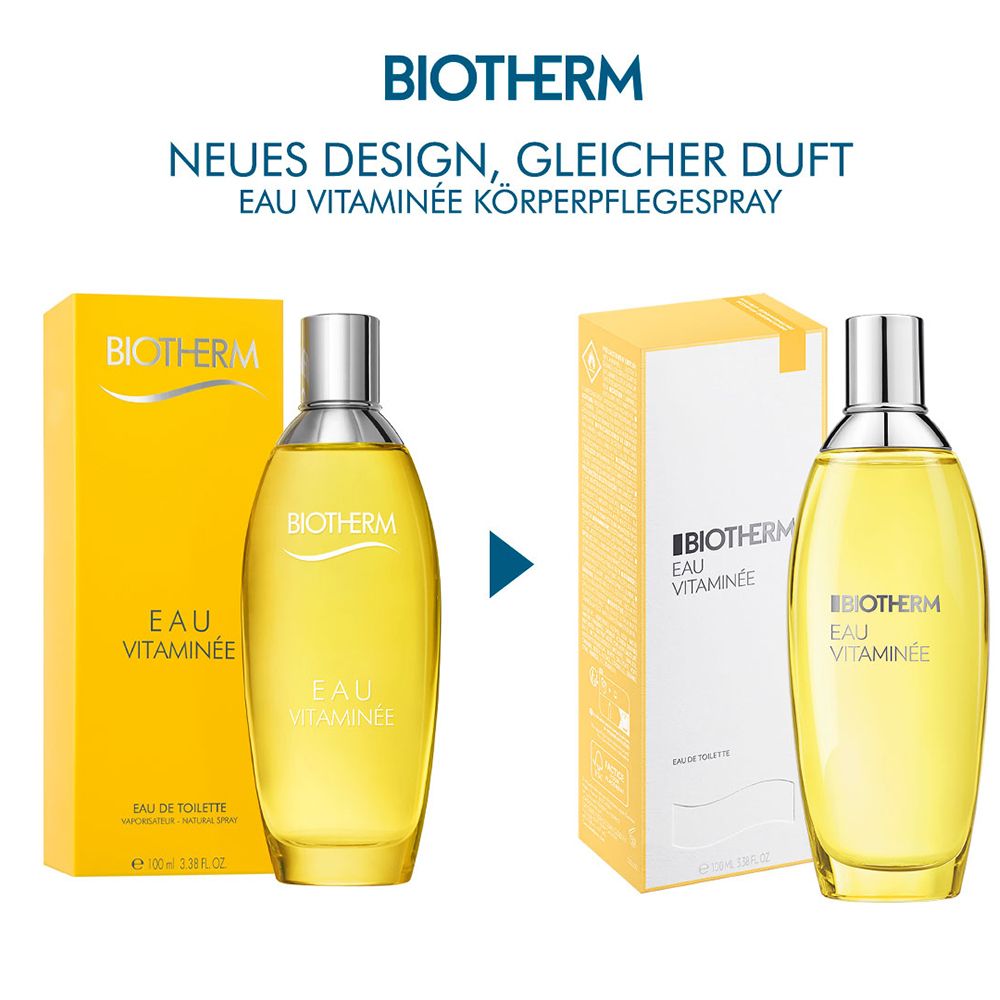Due flaconi e due scatole. Scritta: BIOTHERM EAU VITAMINÉE. Testo: Nuovo design, stessa fragranza.