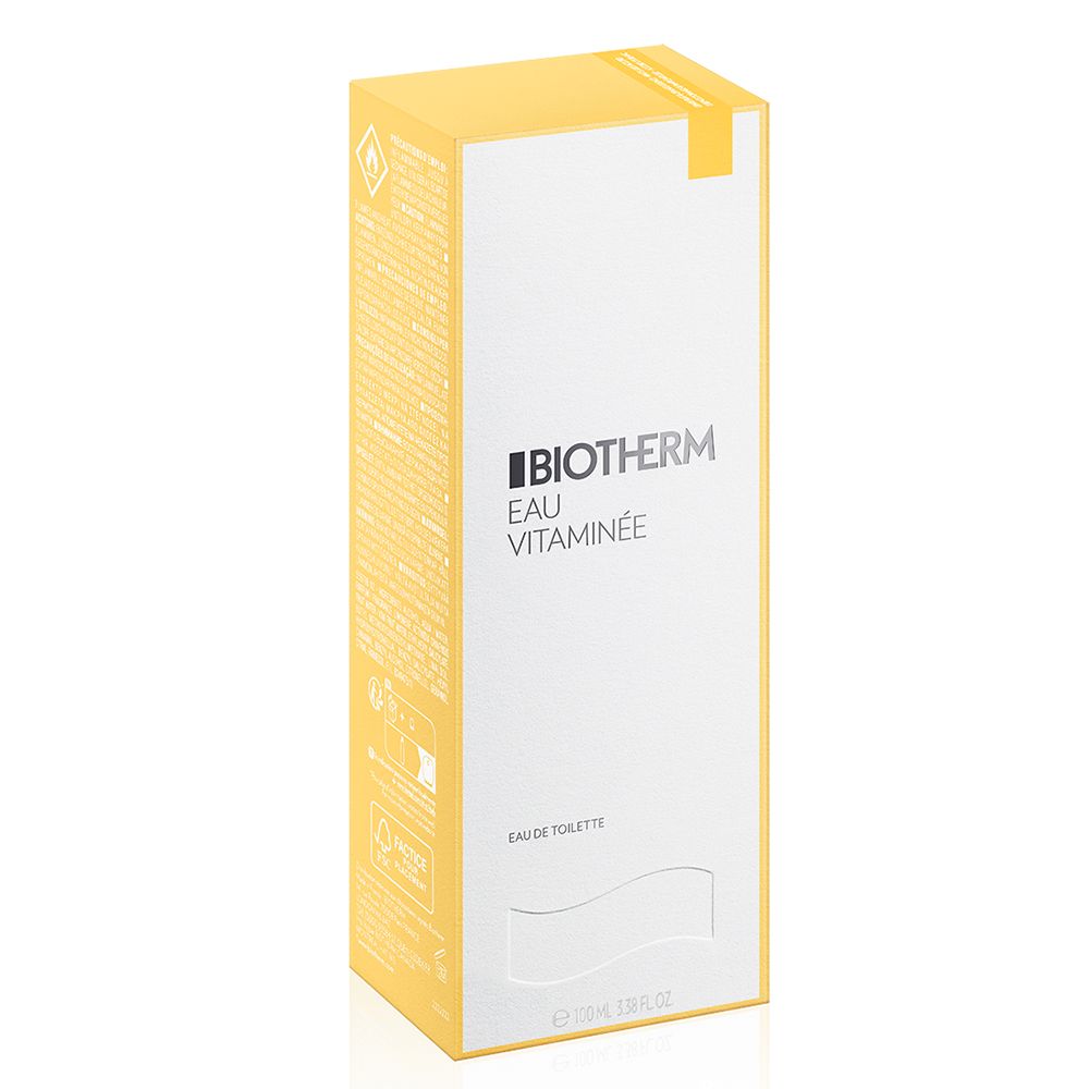 Scatola gialla con testo bianco. Scritta: BIOTHERM EAU VITAMINÉE. Testo: Eau de Toilette.