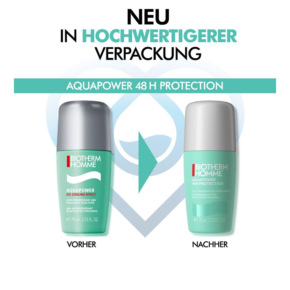 Confronto del BIOTHERM Homme Aquapower Deo Roll-On. Prima e dopo. Testo.