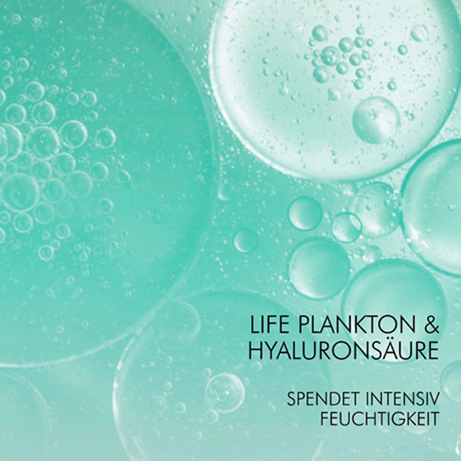 Primo piano di bolle d'acqua. Testo: LIFE PLANKTON & ACIDO IALURONICO. Testo: Idrata intensamente.