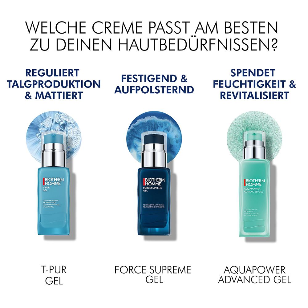 Tre prodotti affiancati. Gel BIOTHERM HOMME. Testo: Regola, rassoda, idrata. Nomi dei prodotti sotto.