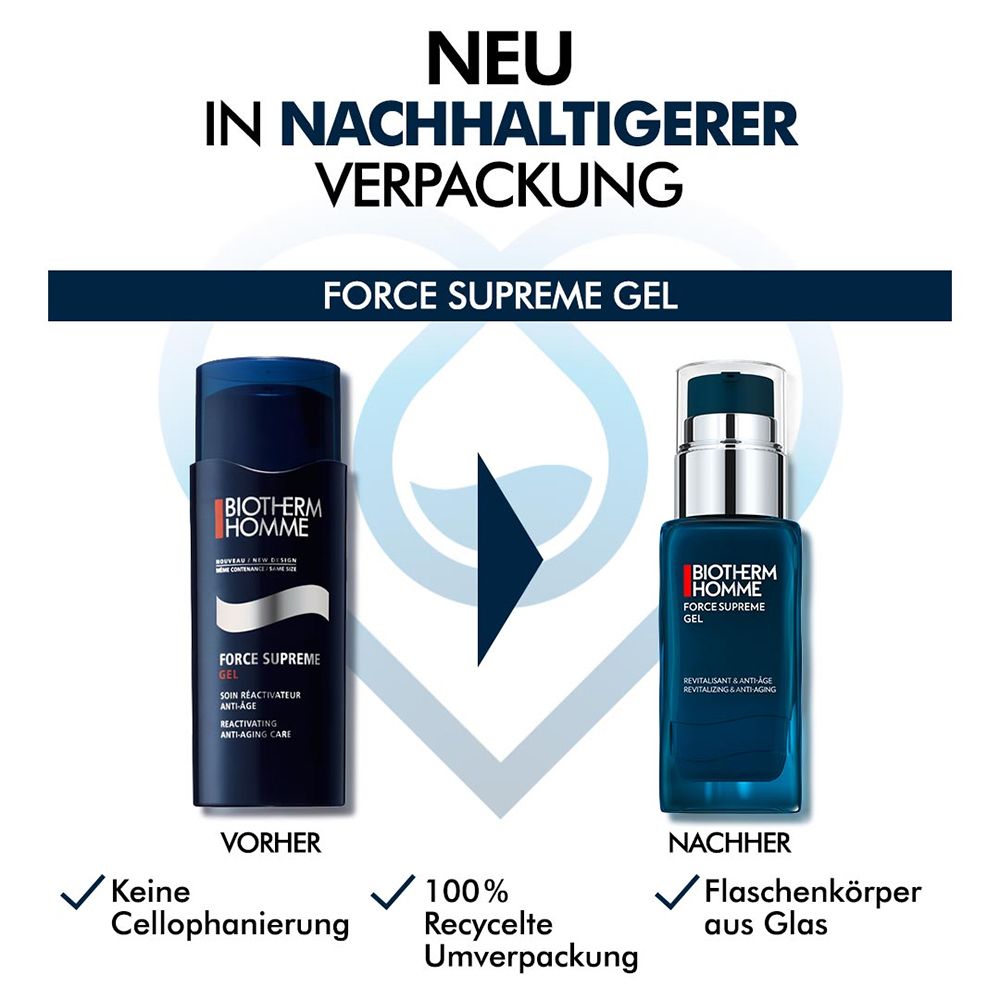 Confronto: Prima (tubo) e Dopo (flacone di vetro) FORCE SUPREME GEL. Testo: Imballaggio più sostenibile. Imballaggio riciclato al 100%.