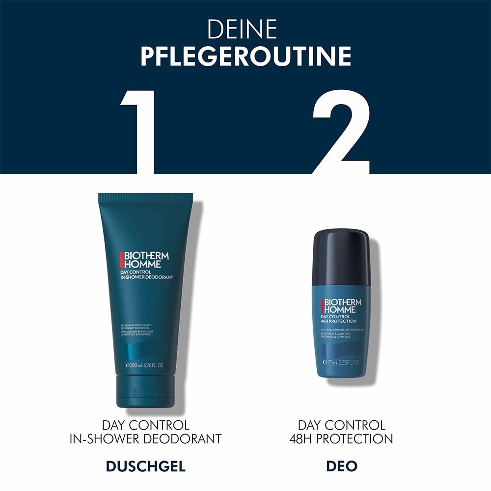 Due prodotti BIOTHERM HOMME: gel doccia e deodorante roll-on. Testo: La tua routine di cura. Day Control.