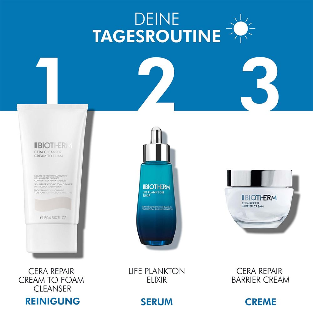 Tre prodotti: BIOTHERM Cera Cleanser, siero e crema. Disposizione con testo: La tua routine quotidiana.