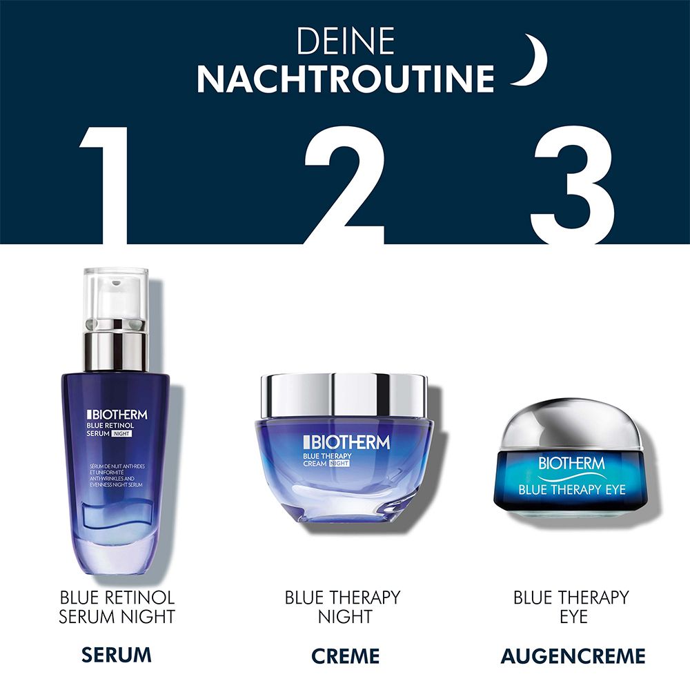 Tre prodotti: Blue Retinol Serum Night, Blue Therapy Night Crema, Blue Therapy Eye Crema.